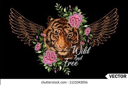 Embroidery winged tiger and slogan  Embroidered floral printing  textile for fashion  vector illustration