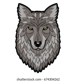 Embroidery wolf colorful head. Needlework patch of animal sign on white background.