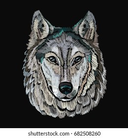 Embroidery wolf. Portrait of gray wolf vector, template for clothes, textiles, t-shirt design