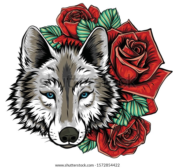 Embroidery Wolf Roses Needlework Patch Romantic Stock Vector (Royalty ...