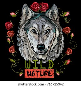 Embroidery wolf, wild nature. Portrait of strong wolf and red roses template for fashion clothes, textiles, t-shirt design