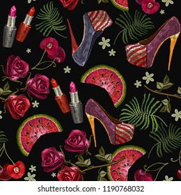 Embroidery woman accessories seamless pattern. Fashion template for clothes, textiles, t-shirt design. Women's shoes, cherry, roses, palm leaves, fashionable pattern