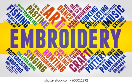 Embroidery. Word cloud, multicolor font, yellow stripe, grey gradient background. Hobby.