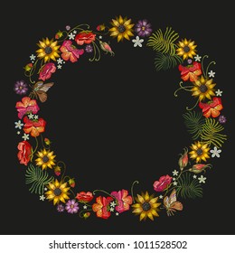 Embroidery wreath of flowers. Classical embroidery red roses, peonies, sunflowers, butterflies. Fashion template for clothes, textiles, t-shirt design