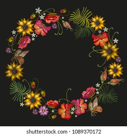 Embroidery wreath of flowers. Fashion template for clothes, textiles, t-shirt design. Classical embroidery red roses, peonies, sunflowers, butterflies