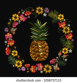 Embroidery wreath of flowers and pineapple. Classical embroidery red roses, peonies, sunflowers, butterflies. Fashion template for clothes, textiles, t-shirt design