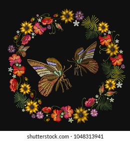 Embroidery wreath of flowers and tropical butterfly. Classical embroidery red roses, peonies, sunflowers, butterflies. Fashion template for clothes, textiles, t-shirt design