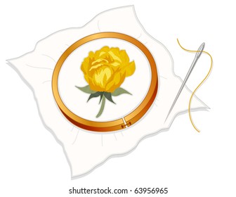 Embroidery. Yellow Damask Rose stitchery on white fabric, wood hoop, silver needle and thread isolated on white. EPS8 compatible.