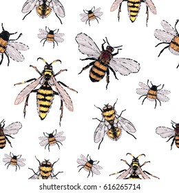 Embroidery yellow fly, honey bee, dangerous wasp, small funny bee. Fashion patch with insects illustration. Seamless pattern backdrop. Trendy traditional art on white background.