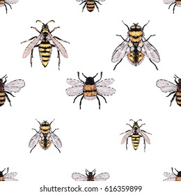 Embroidery yellow fly, honey bee, dangerous wasp, small funny bee. Fashion patch with insects illustration. Seamless pattern backdrop. Trendy traditional art on white background.