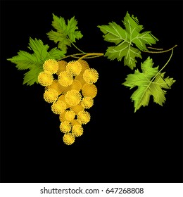 Embroidery yellow grapes. Bunch of berries and leaves on a branch.