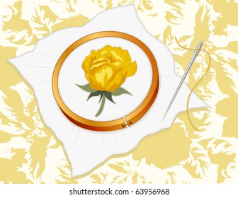 Embroidery. Yellow rose stitchery on white fabric, wood hoop, silver needle and thread on vintage pastel yellow damask rose design background pattern. EPS8 compatible.