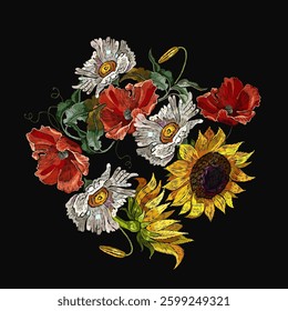 Embroidery yellow sunflowers, white chamomile and red poppies flowers. Garden botanical art. Summer fashion template for clothes, t-shirt design