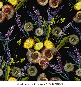 Embroidery. Yellow and white dandelions, lavender flowers and ammonite fossil. Summer and spring floral art. Fashion template for clothes, t-shirt design