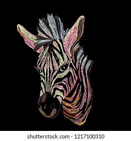 Embroidery zebra for clothing. Vector illustration on black background