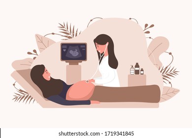 Embryo Baby Health Diagnostic Illustration. Female Doctor Scanning Arab Mother. Muslim Girl With Belly Smiling.