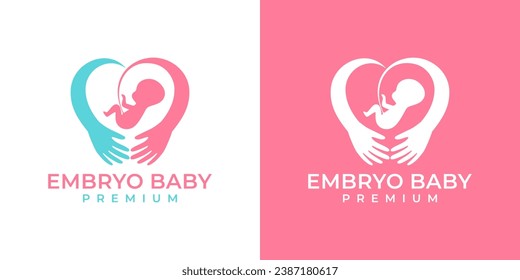 Logo del vector del bebé embrión con las manos y el símbolo del corazón. Logo de Fetus Baby. Plantilla de diseño de logotipo de embarazo. Plantilla de diseño de logotipos de nacimiento de bebé, corazón, embrión, mamá, amor, embarazo.