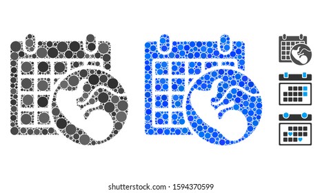 Embryo calendar composition of filled circles in variable sizes and color tinges, based on embryo calendar icon. Vector filled circles are grouped into blue mosaic.