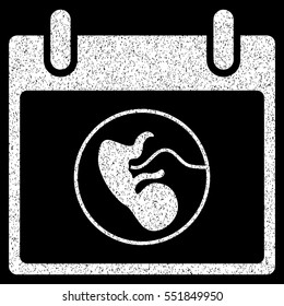 Embryo Calendar Day grainy textured icon for overlay watermark stamps. Flat symbol with unclean texture. Dotted vector white ink rubber seal stamp with grunge design on a black background.
