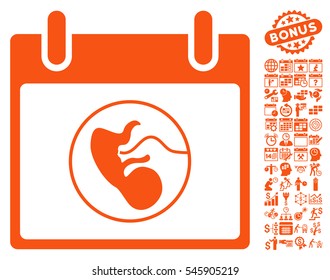 Embryo Calendar Day icon with bonus calendar and time management pictures. Vector illustration style is flat iconic symbols, orange, white background.