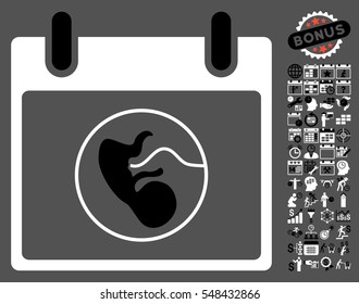 Embryo Calendar Day icon with bonus calendar and time management pictures. Vector illustration style is flat iconic symbols, black and white, gray background.