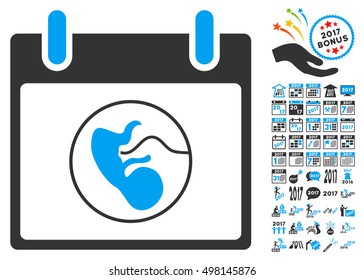 Embryo Calendar Day pictograph with bonus calendar and time management icon set. Vector illustration style is flat iconic symbols, blue and gray colors, white background.
