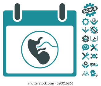 Embryo Calendar Day pictograph with bonus configuration symbols. Vector illustration style is flat iconic symbols, soft blue, white background.