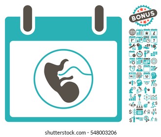 Embryo Calendar Day pictograph with bonus calendar and time management images. Vector illustration style is flat iconic symbols, grey and cyan, white background.