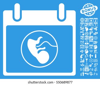 Embryo Calendar Day pictograph with bonus calendar and time management pictograms. Vector illustration style is flat iconic symbols, white, blue background.
