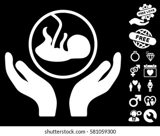 Embryo Care Hands icon with bonus amour pictograph collection. Vector illustration style is flat iconic white symbols on black background.