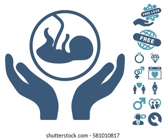 Embryo Care Hands pictograph with bonus valentine images. Vector illustration style is flat iconic cyan and blue symbols on white background.