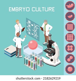 Embryo culture isometric background with group of scientists discussing problems of artificial insemination vector illustration