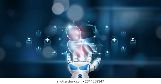 Embryo inside cube float in doctor robot hand. Health care system innovative technology medical futuristic AI artificial intelligence cybernetic robotics. Bokeh light background. Vector.