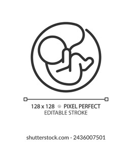 Embryo linear icon. Pregnancy anatomy. Human reproduction biology, childbearing. Maternity womb, baby fetus. Thin line illustration. Contour symbol. Vector outline drawing. Editable stroke