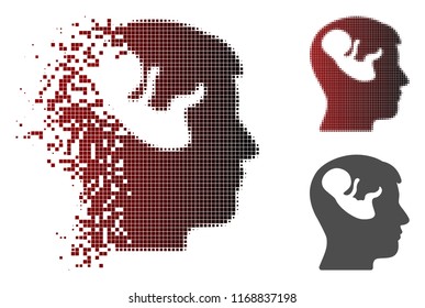 Embryo mind head icon in dispersed, pixelated halftone and undamaged solid variants. Particles are organized into vector dispersed embryo mind head figure.