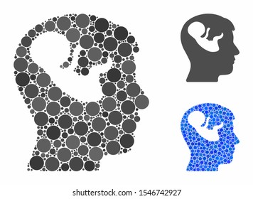 Embryo mind head mosaic of circle elements in variable sizes and color hues, based on embryo mind head icon. Vector circle elements are organized into blue collage.