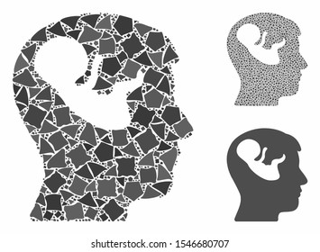 Embryo mind head mosaic of inequal pieces in variable sizes and color hues, based on embryo mind head icon. Vector tremulant pieces are organized into mosaic.