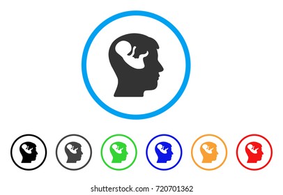Embryo Mind Head rounded icon. Style is a flat embryo mind head gray symbol inside light blue circle with black, gray, green, blue, red, orange variants.