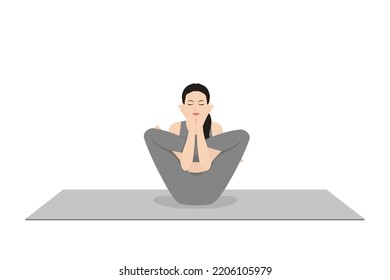 Embryo Pose, Foetus Pose, Fetus Pose. Beautiful girl practice Garbhasana, Garbha Pindasana,. Young attractive woman practicing yoga exercise. working out, black wearing sportswear, grey pants and top