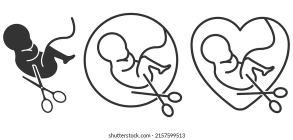 Embryo with scissors.  Abortion sign.  Stop Abortion Campaign. Vector illustration. Eps 10.