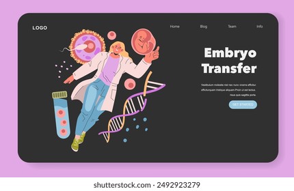 Embryo Transfer concept. A scientist showcasing the process of assisted reproduction with embryos and DNA. Modern fertility treatment. Vector illustration.