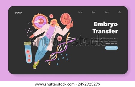 Embryo Transfer concept. A scientist showcasing the process of assisted reproduction with embryos and DNA. Modern fertility treatment. Vector illustration.