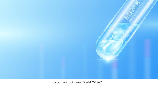 Embryo transparent and molecule in glass test tube with empty space for text. Human internal organ anatomy sample science research experiment. Medical scientific concept. Banner vector.