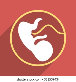 Embryo Uterus long shadow vector icon. Style is a flat light symbol on a red square background.