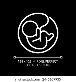 Embryo white linear icon for dark theme. Pregnancy anatomy. Human reproduction biology. Maternity womb, baby fetus. Thin line illustration. Isolated symbol for night mode. Editable stroke