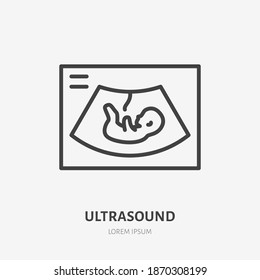 Embryo in womb flat line icon. Vector outline illustration of baby ultrasound. Black color thin linear sign for fetus medicine.