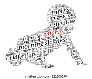 Embryo. Word cloud, baby silhouette, italic font, white background. The miracle of birth.
