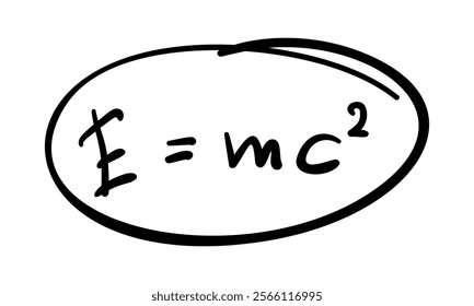 E=mc2 Albert Einstein's Most Famous Equation, Bold black line on white background doodle style, In oval outline with exclamation mark