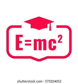 E=mc2. Badge with graduation hat icon. Flat vector illustration on white background.