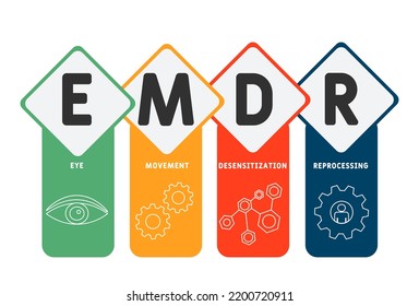 EMDR - Eye Movement Desensibilization Reprocessing acronym. Hintergrund des Unternehmenskonzepts.  Vektorgrafik-Konzept mit Schlagwörtern und Symbolen. Buchstabengrafik mit Symbolen für Webbanner, Flyer, l